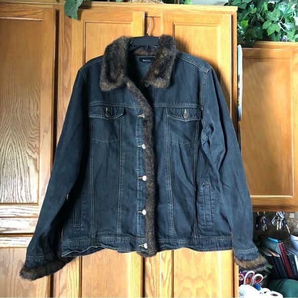 Dennis Basso Mob Wife Dark Denim Faux Fur Trim Jean Jacket - L - Picture 1 of 14
